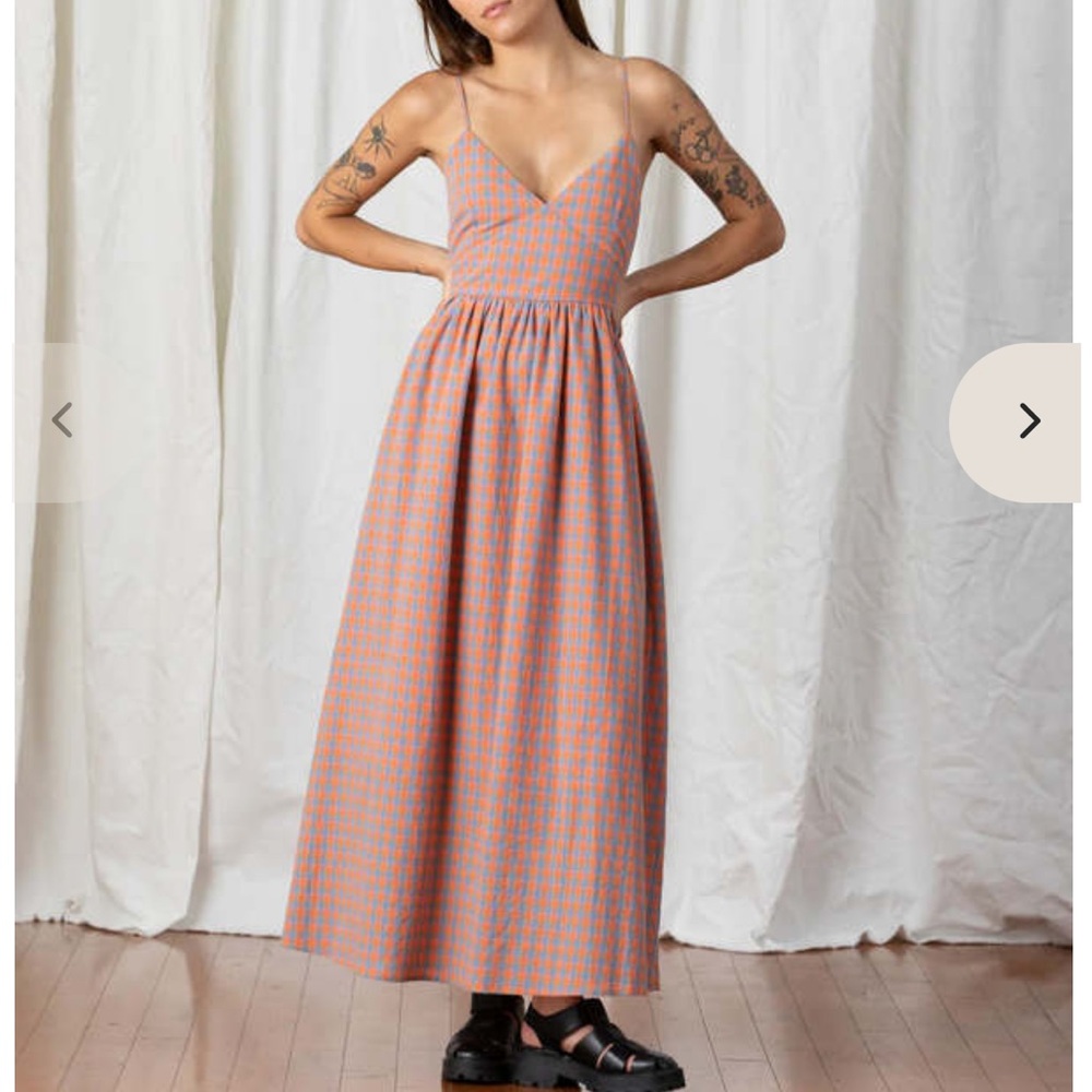 ALI GOLDEN tie back maxi spaghetti strap dress in Coral and Blue gingham